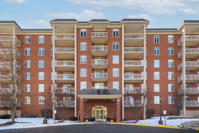 view of snow covered building