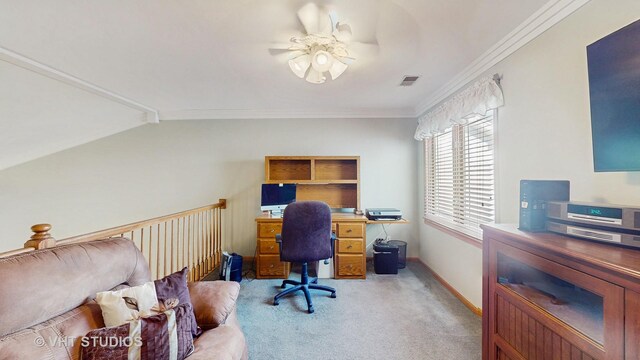 home office with light carpet, a ceiling fan, baseboards, visible vents, and crown molding