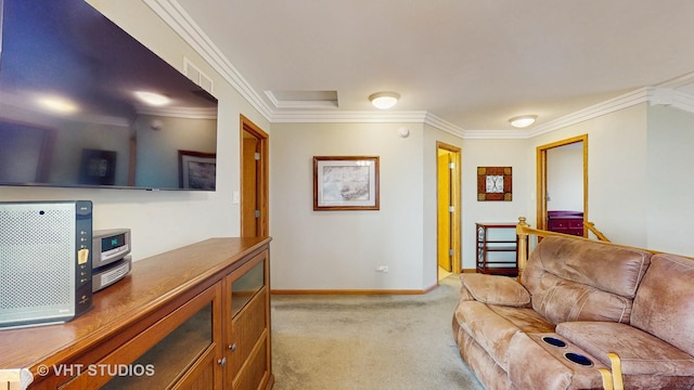 carpeted living room with visible vents, ornamental molding, and baseboards