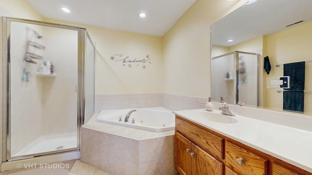 bathroom featuring visible vents, a jetted tub, tile patterned flooring, vanity, and a shower stall