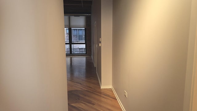 hall with dark wood-style floors, expansive windows, and baseboards