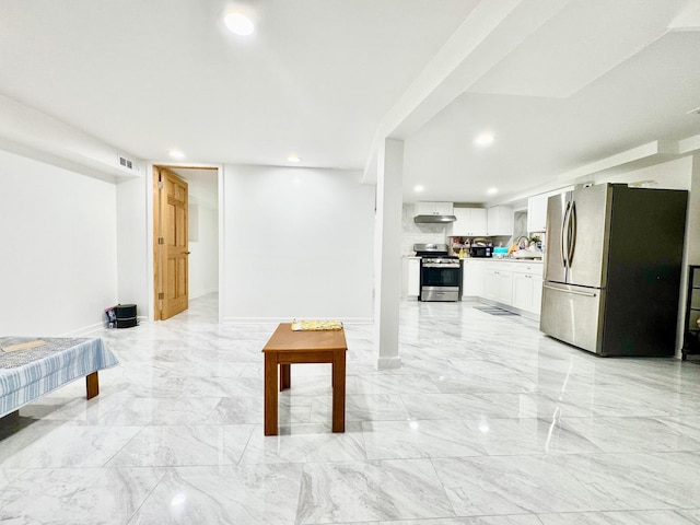 interior space featuring baseboards, marble finish floor, visible vents, and recessed lighting