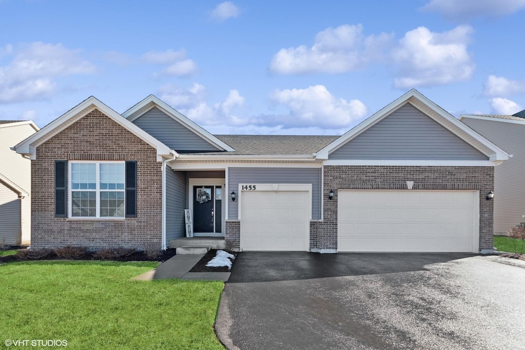 1455 Keller St, Elburn, IL 60119 - ranch-style house featuring a garage, brick siding, and aphalt driveway