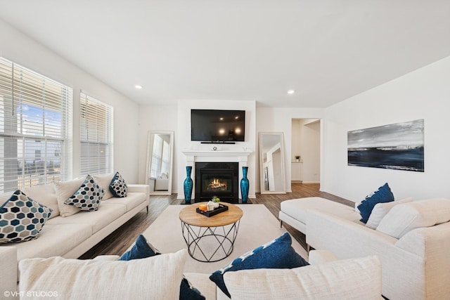 living area featuring baseboards, wood finished floors, a fireplace with flush hearth, and recessed lighting