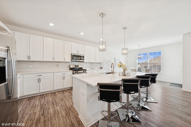 kitchen featuring appliances with stainless steel finishes, tasteful backsplash, a sink, and wood finished floors