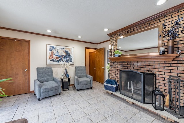 living area with light tile patterned floors, baseboards, a fireplace, and ornamental molding