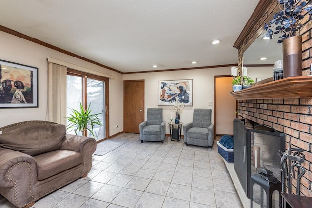 living room with light tile patterned flooring, recessed lighting, baseboards, a brick fireplace, and crown molding