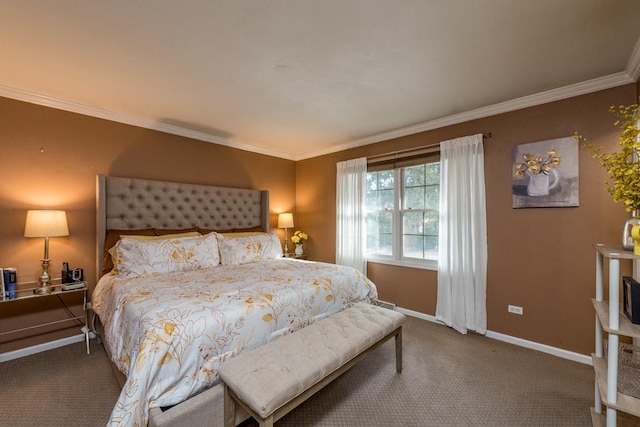 carpeted bedroom featuring ornamental molding and baseboards