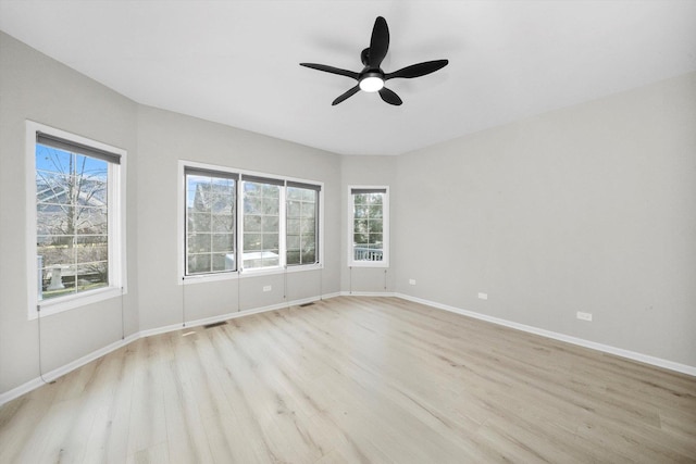 spare room featuring visible vents, baseboards, light wood-style floors, and ceiling fan