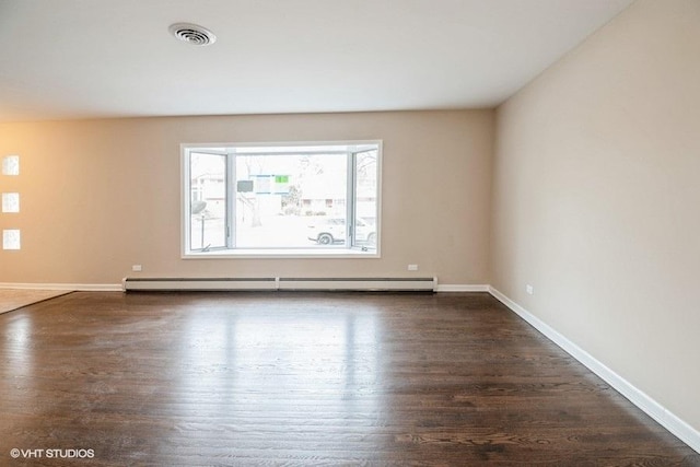 empty room with dark wood-type flooring, baseboards, visible vents, and baseboard heating