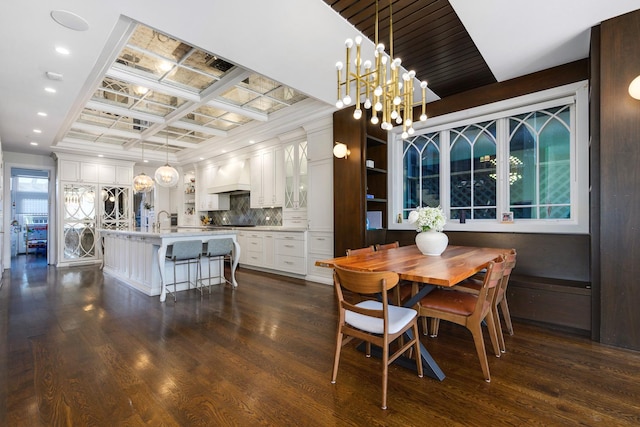 dining room featuring recessed lighting, a notable chandelier, dark wood-type flooring, coffered ceiling, and beam ceiling