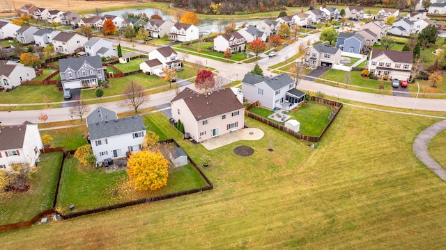 birds eye view of property with a water view and a residential view