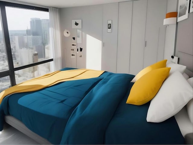 bedroom featuring expansive windows and a city view