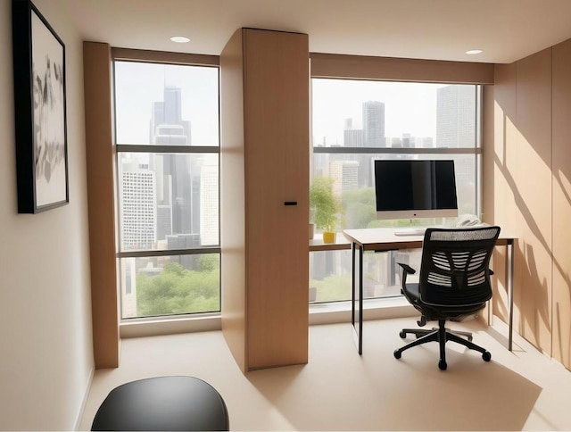 office space with a wall of windows