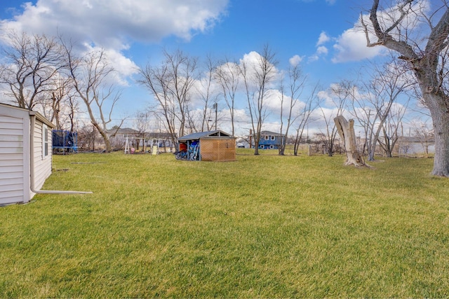 view of yard with a trampoline, an outbuilding, and a storage shed