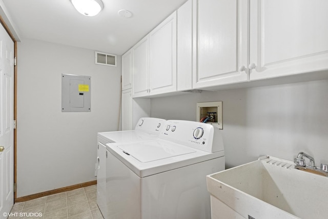 laundry room featuring visible vents, electric panel, cabinet space, a sink, and washing machine and dryer