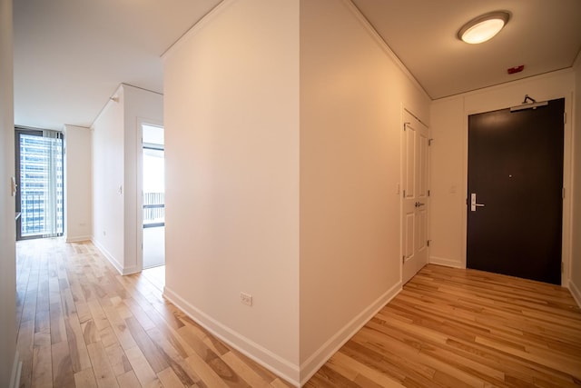 hall with light wood-style flooring, baseboards, and crown molding