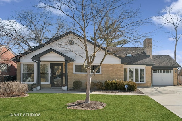 view of front of property featuring a garage, brick siding, concrete driveway, and a front lawn