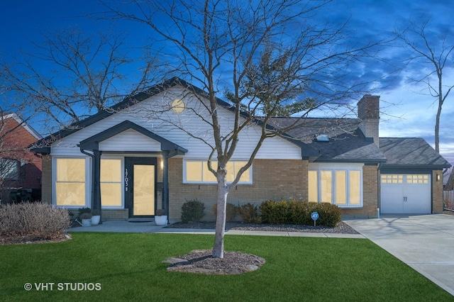 single story home featuring concrete driveway, brick siding, a front yard, and a garage