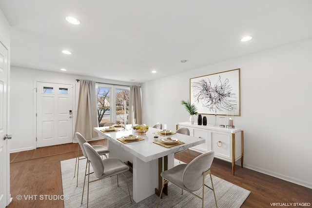 dining space with recessed lighting, baseboards, and dark wood-style flooring