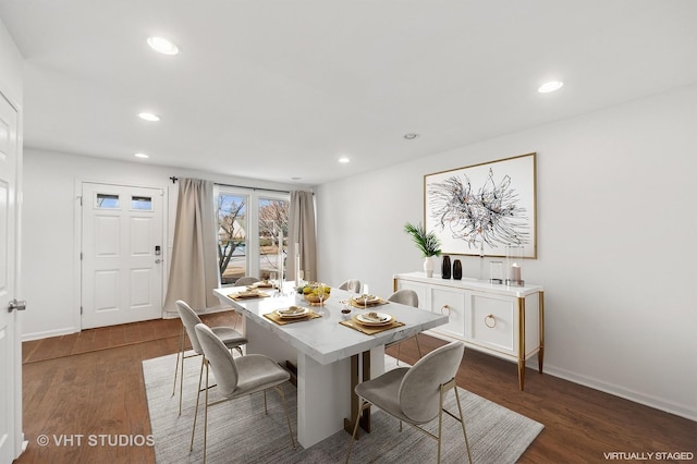 dining area featuring recessed lighting, baseboards, and dark wood-type flooring