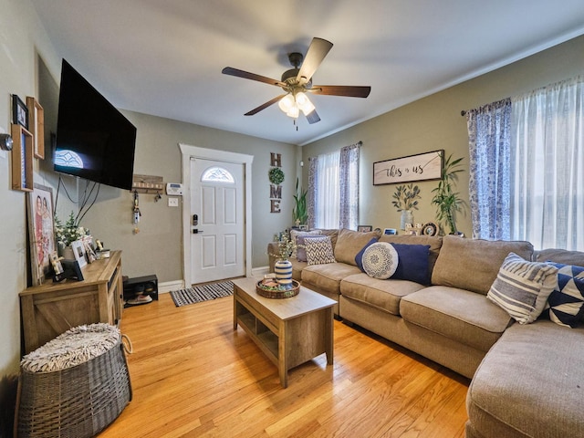 living room featuring ceiling fan, light wood finished floors, and baseboards