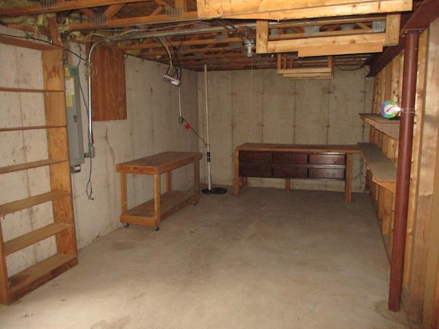 unfinished basement featuring electric panel