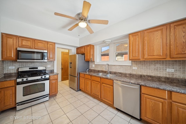 kitchen with appliances with stainless steel finishes, dark countertops, a sink, and backsplash