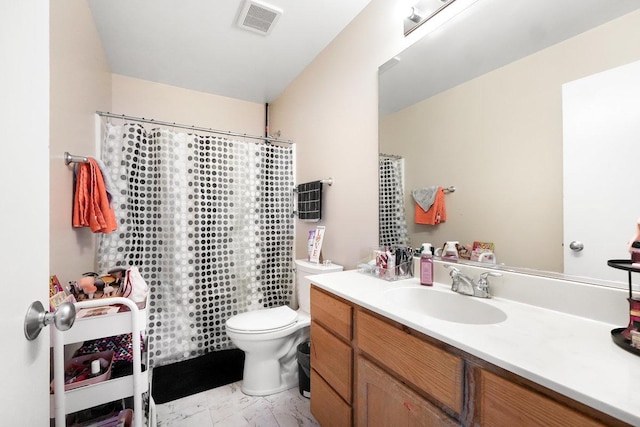 full bathroom featuring marble finish floor, curtained shower, visible vents, toilet, and vanity