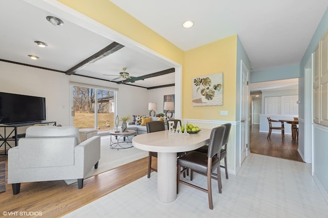 dining area featuring beam ceiling, recessed lighting, a ceiling fan, and light wood finished floors