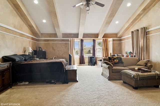 carpeted home theater room with a ceiling fan, recessed lighting, and lofted ceiling with beams