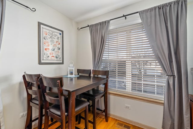 dining room with baseboards, visible vents, and wood finished floors