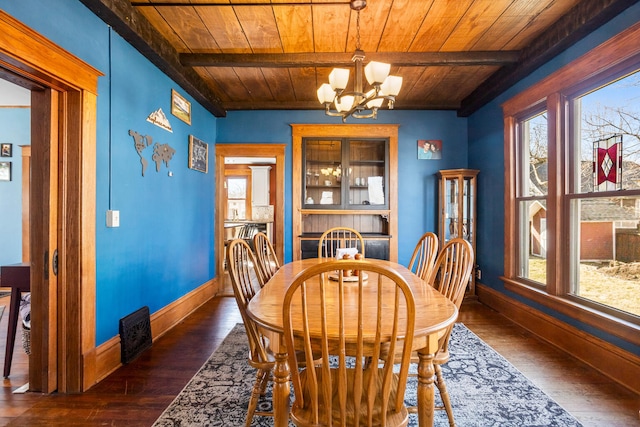 dining space with wood ceiling, a chandelier, and a wealth of natural light