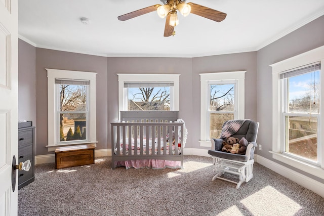 bedroom with carpet, ornamental molding, and baseboards