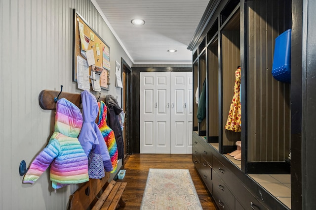 mudroom featuring ornamental molding, dark wood finished floors, and recessed lighting