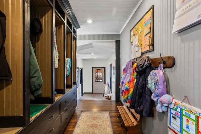 mudroom featuring ornamental molding and wood finished floors