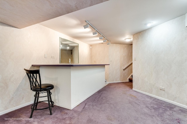 bar with baseboards, stairway, rail lighting, carpet floors, and indoor wet bar