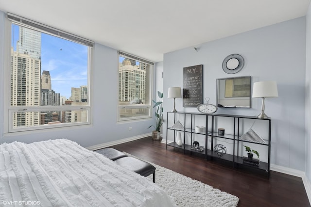 bedroom with a view of city, dark wood-style floors, and baseboards