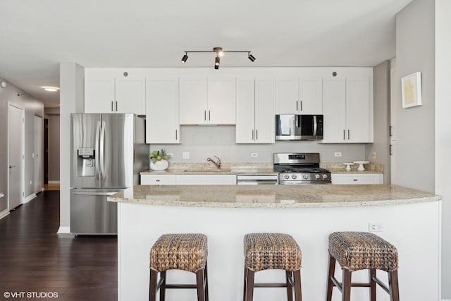 kitchen featuring white cabinets, dark wood-style floors, light stone countertops, stainless steel appliances, and a sink