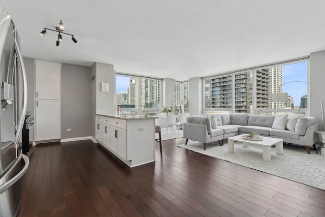 living room with dark wood-type flooring, a view of city, and a healthy amount of sunlight