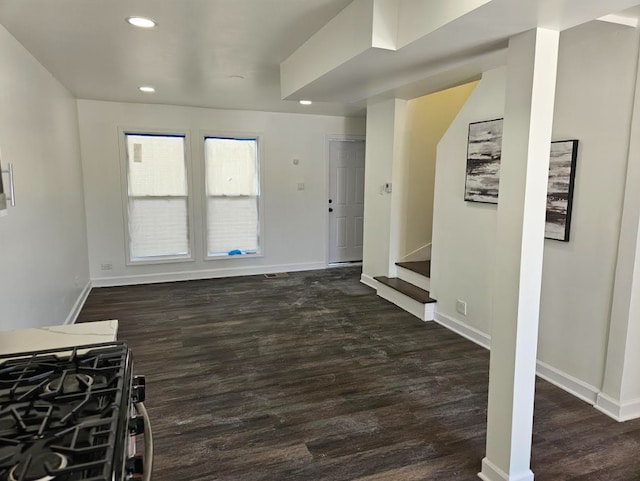 living area with stairway, baseboards, dark wood-style flooring, and recessed lighting