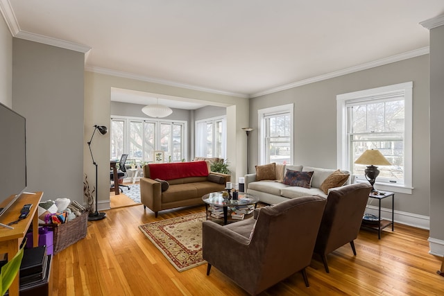 living area featuring ornamental molding, baseboards, and light wood finished floors