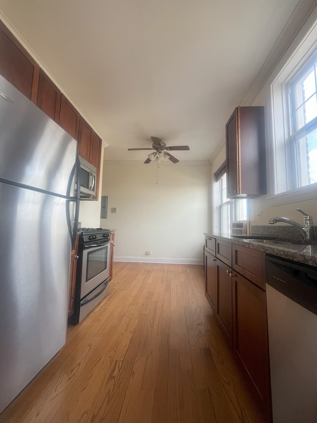 kitchen with a ceiling fan, appliances with stainless steel finishes, ornamental molding, light wood-style floors, and a sink