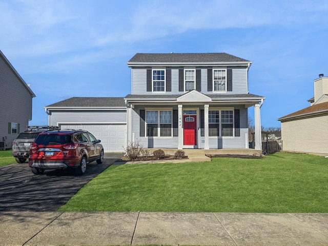 traditional home with an attached garage, aphalt driveway, and a front yard