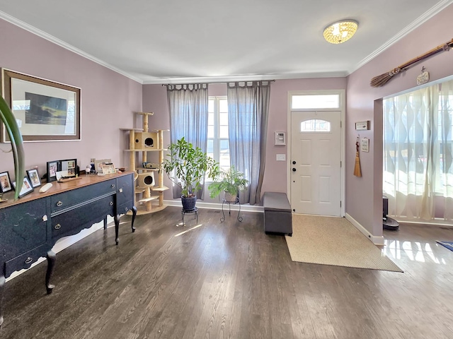 foyer featuring ornamental molding, dark wood-style flooring, and baseboards