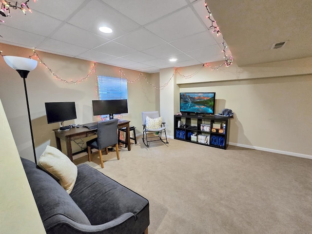 carpeted home office featuring a paneled ceiling, visible vents, baseboards, and recessed lighting