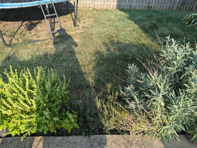 view of yard featuring a trampoline and fence