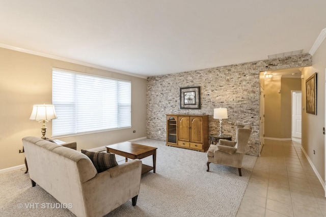 living area with light tile patterned floors, visible vents, baseboards, and crown molding