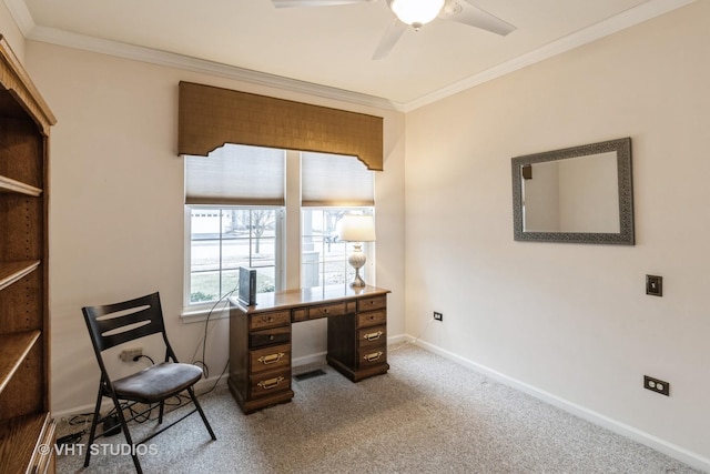 home office featuring baseboards, dark carpet, ceiling fan, and ornamental molding