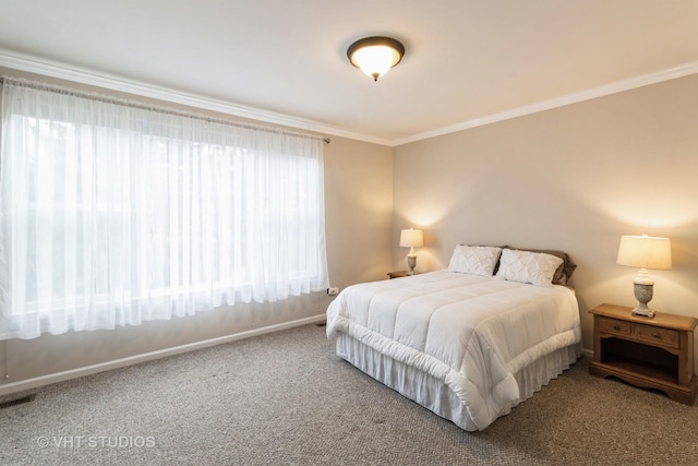 bedroom featuring carpet, multiple windows, visible vents, and crown molding